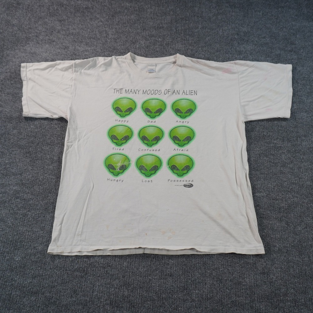 Vintage Many Moods of An Alien 1996 T-Shirt Mens XL White Graphic Single Stitch
